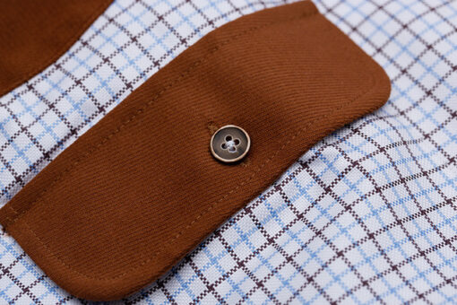 Hadleigh blue/brown JD Plaid Field Shirt brown flap pocket detail